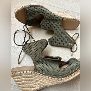 Franco Sarto Olive Green Perforated Suede Wedge Sandals with Lace Ties